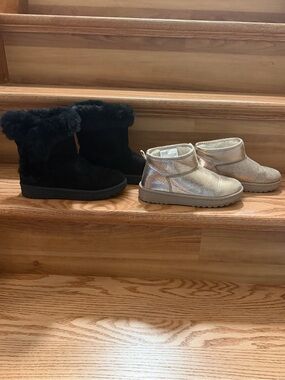 Bundle of Sonoma Kids Black Fur Lined Boots and Rose Gold slip on Boots
